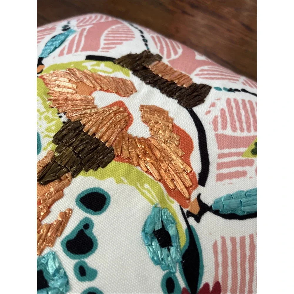 Janeen Home Boho Beetle Accent Pillow Raffia Embroidered Tassel Pink Green 18